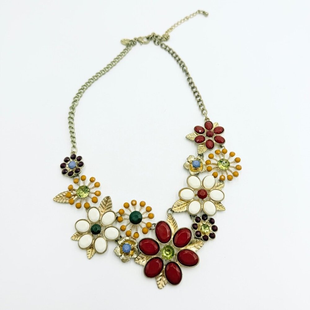 Vintage Charming Charlie Floral Statement Necklace Multicolor Gem Gold Tone - Picture 3 of 9